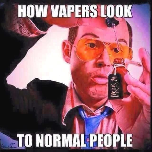 A Fear & Loathing in Las Vegas style image of a man with a vape juice dropper bottle.