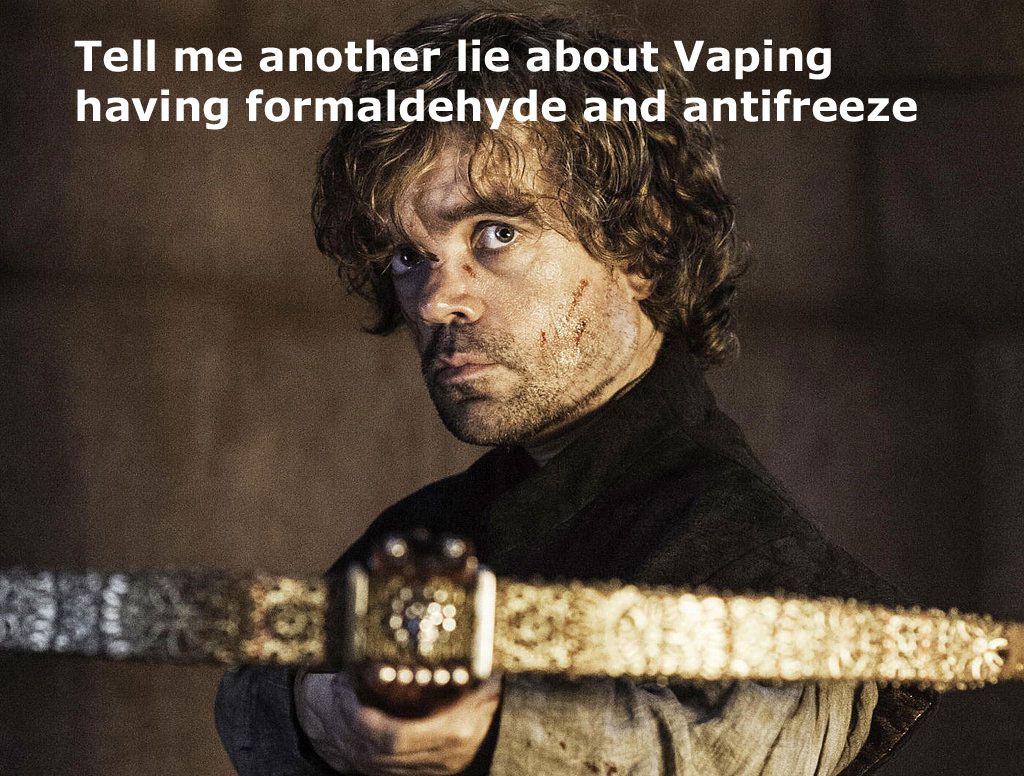 Tyrion from GoT holding a crossbow e-cig meme.