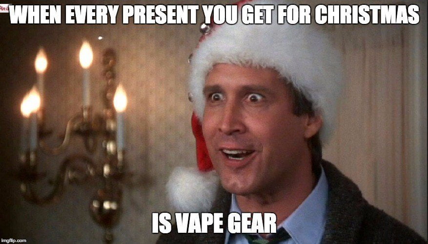A man in a Santa hat excited to get vape gear for Christmas meme.