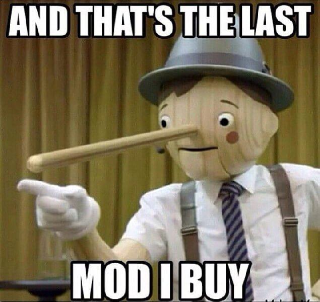 Vaper Pinocchio buying new gear meme.