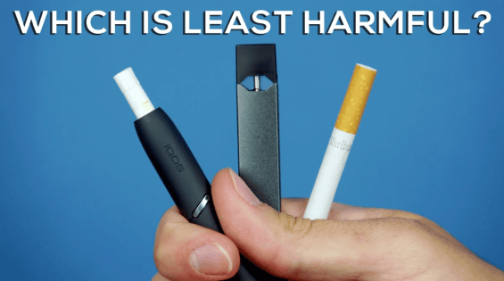 picture showing vape, cigarette, and IQOS asking which is better